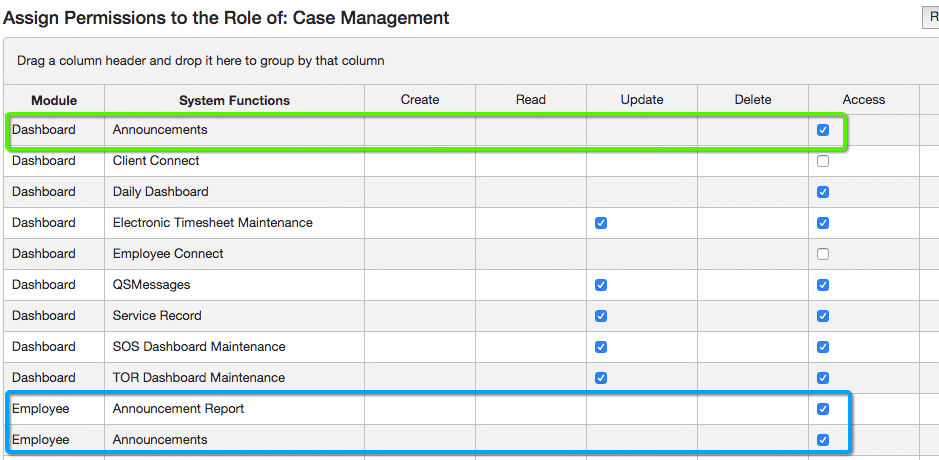 Announcement Security Permission 