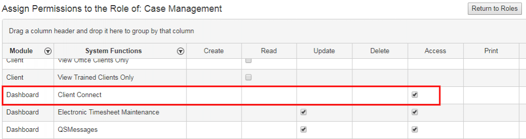 Client Connect Dashboard security permission
