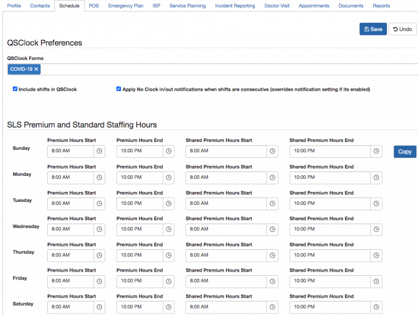 Client SLS Premium Standard Hour Setup