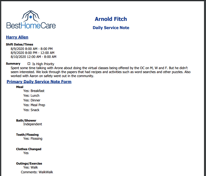 Daily Service Note printed record