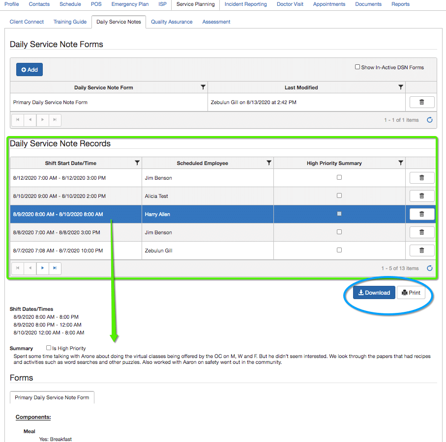 Daily Service Note records