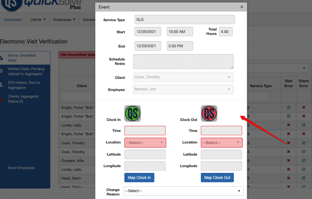 EVV Visit Error details on shift