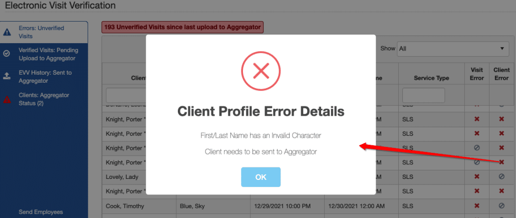 EVV client profile error