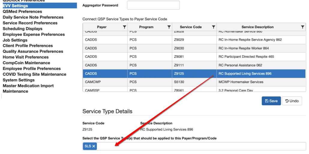 EVV settings Service Code selection in QSP