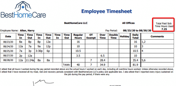 Paid Sick Time timesheet display PDF