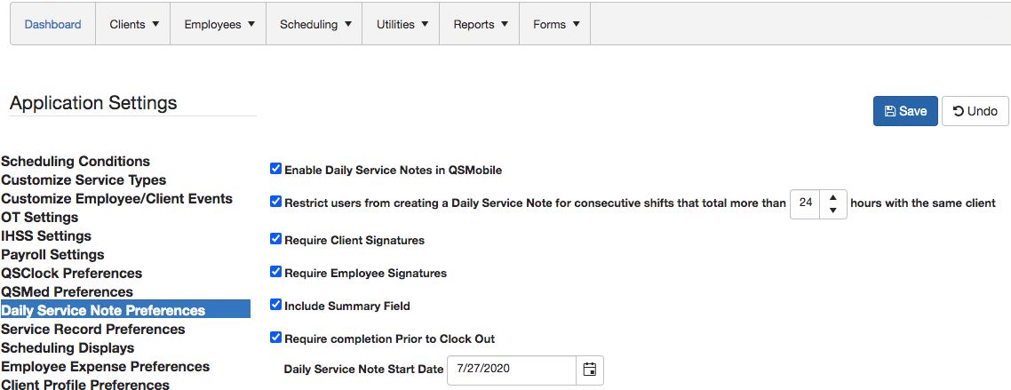 QSP Daily service note preferences