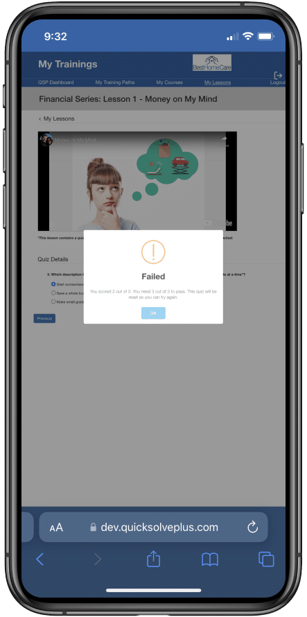 QSP Lesson video content failed quiz
