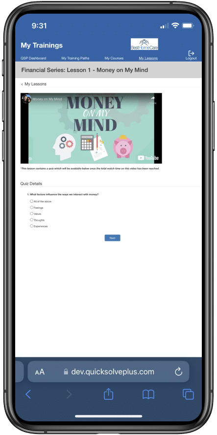 QSP Lesson video content with quiz