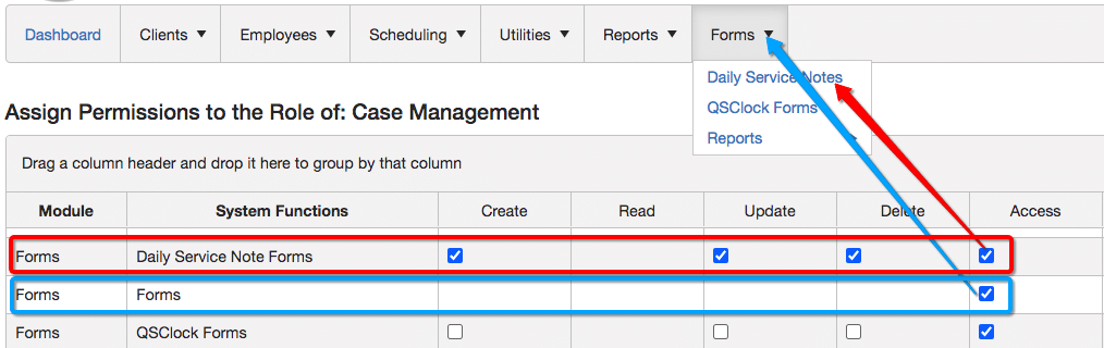 Security Permission Forms Daily Service Notes in QSP