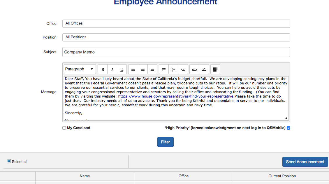 Send Announcement from QSP