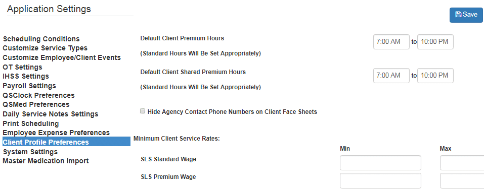 Client SLS premium standard hours