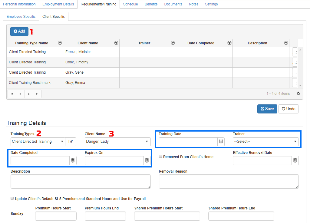 how to add client traingings to employee profiles