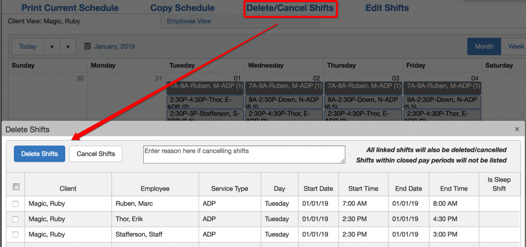 delete cancel shifts bulk QSP