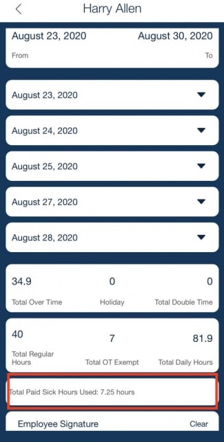 electronic Timesheet Paid Sick Time display