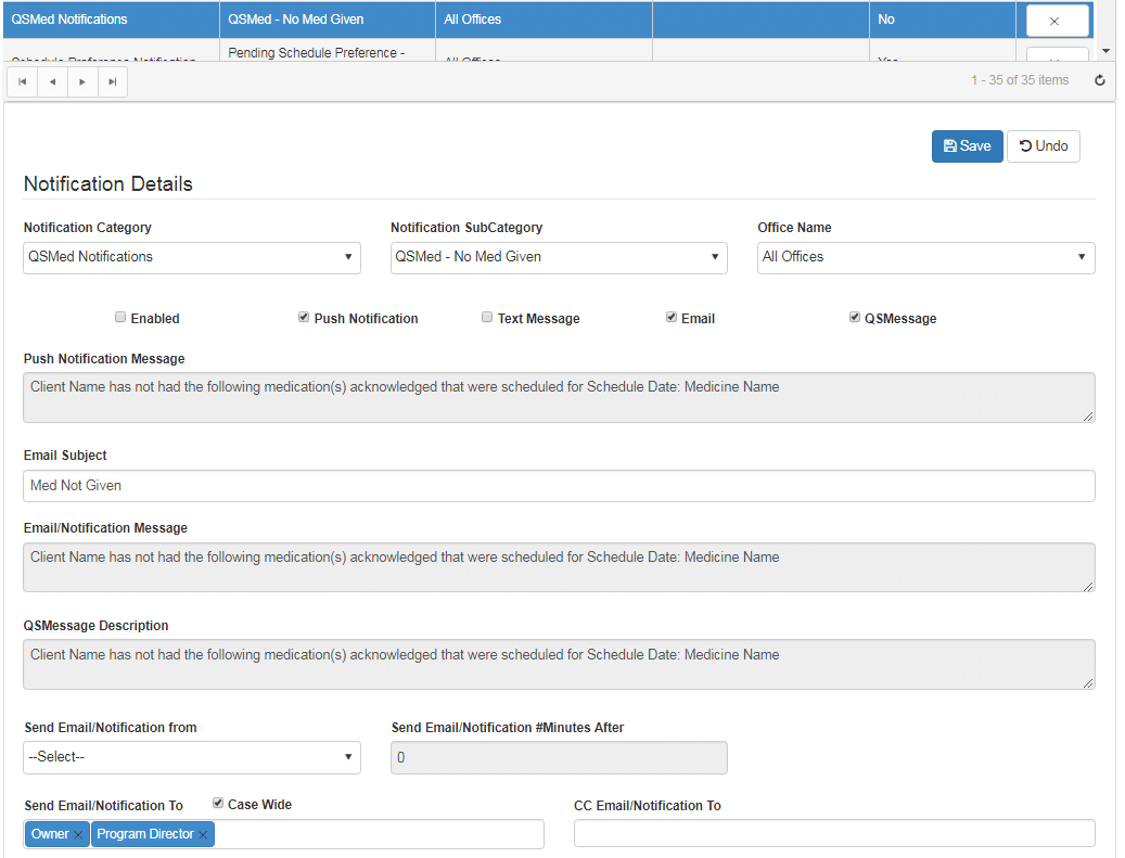 missed medication notification setting