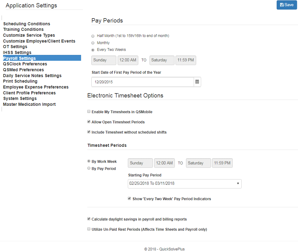 payroll settings for electronic timesheets