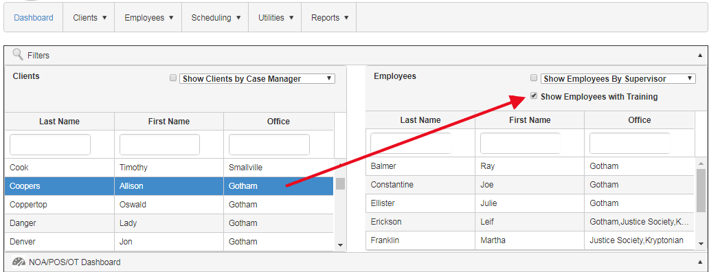 show employees with client training in qsp schedule